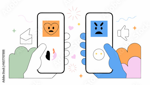 Two hands holding smartphones displaying contrasting emotions � love and anger � in a colorful, abstract design.