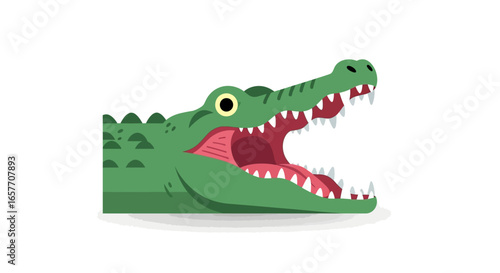 Stylized alligator with a bold, flat design and open jaws displaying sharp teeth, against a white backdrop that exemplifies simplistic modern art
