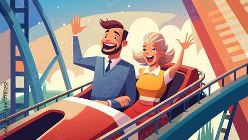 A cheerful interracial couple enjoys a roller coaster ride, hands raised in excitement against a vibrant amusement park backdrop.