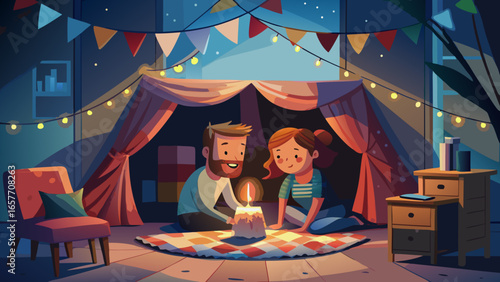 A joyful couple celebrating a birthday in a cozy tent surrounded by fairy lights and colorful decorations.