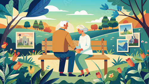 An elderly couple sharing a tender moment on a park bench surrounded by vibrant nature and memories.