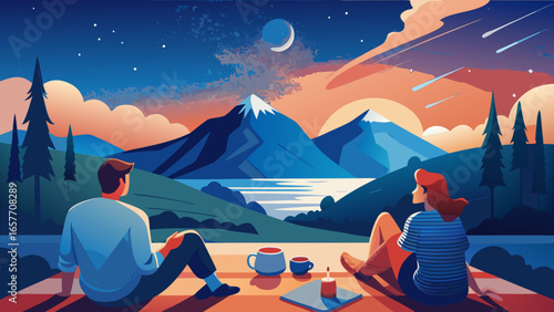 A serene couple enjoys a sunset with mountains and a starry sky, immersing in nature's beauty.