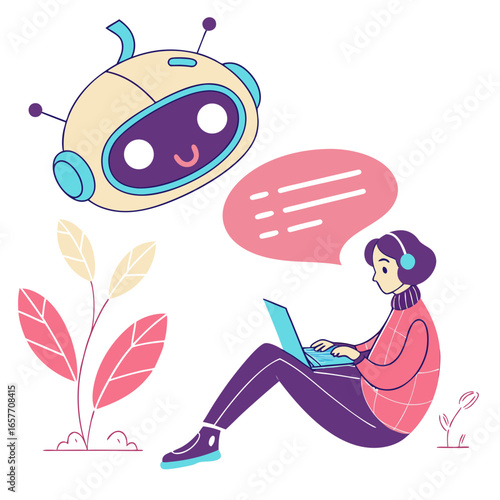 Friendly robot assisting person with laptop chatbot