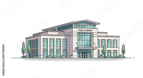 Architectural design of a public library with tall windows and surrounding greenery, showcasing a modern facade and educational atmosphere