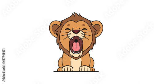 Cartoon Lion Cub Yawns Expressively with Wide Open Mouth and Closed Eyes Depicting Tiredness Depicted on a Plain White Background