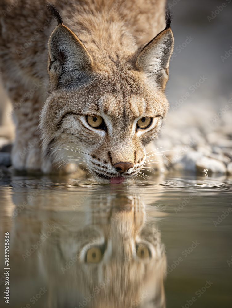 Obraz premium Lynx Cat Wildlife Predator Nature Reflection Water Closeup Feline Agility Ears Eyes Alert Forest Meadow Habitat Carnivore Silent Outdoor Balance Macro Photography Trends 
