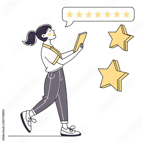 Girl with tablet and stars review rating