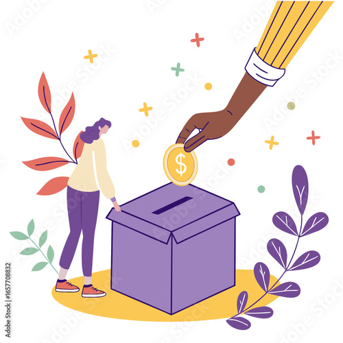 Giving coin to donation box money