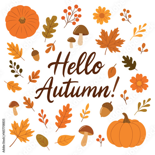 Colorful autumn card with lettering Hello autumn! handwritten text surrounded by various autumn leaves.