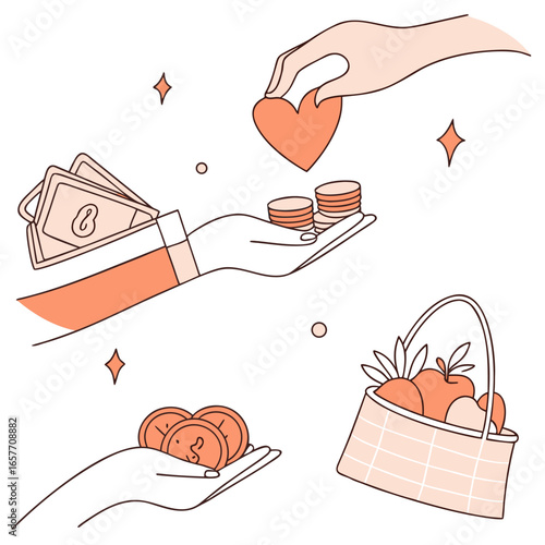 Giving hands with heart money and fruit basket charity