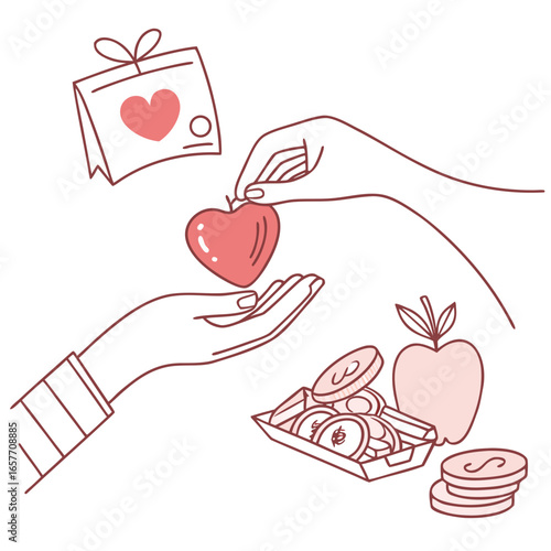 Giving heart and coins with apple hands donation