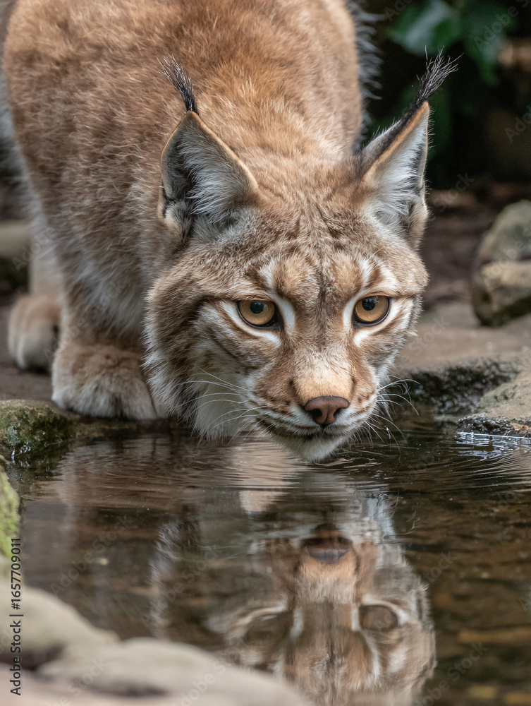 Obraz premium Lynx Wildlife Nature Mammal Animal Reflection Water Fur Predator Forest Stalking Portrait Carnivore Habitat Ears Feline Kids Eyes Playful Serene Peaceful 