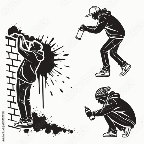 Graffiti artists spray painting urban wall vector