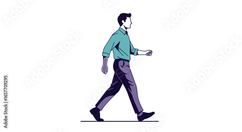 Stylized illustration depicting a man in a button-down shirt and trousers walking in a clean design
