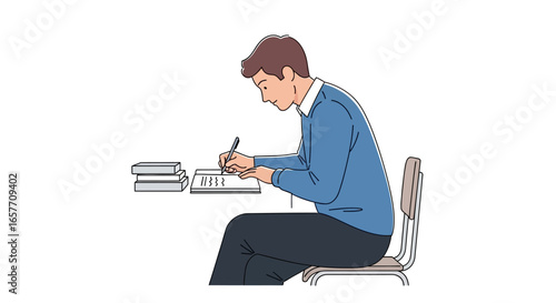 Focused student diligently completing assignment at school desk with books beside him showcases dedicated study habits for academic success