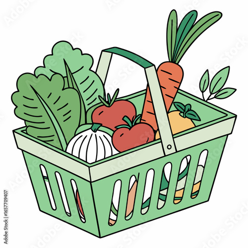 Green basket full of fresh produce vegetables tomatoes