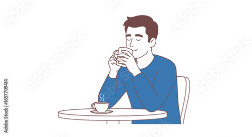Illustration of a man enjoying a hot beverage in peaceful solitude at his personal space simple moment of relaxation showing contentment and enjoyment