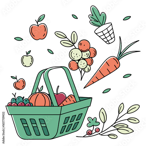 Green grocery basket filled with colorful fruits and vegetables