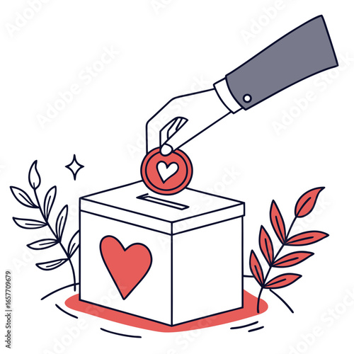 Hand donating coin with heart into box donation charity