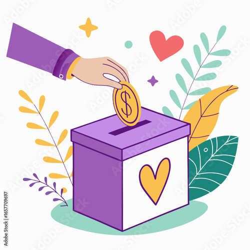 Hand donating gold coin into donation box with heart