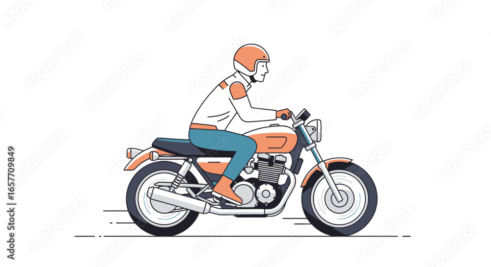 Obraz premium Retro motorcycle adventure illustration featuring a lone rider on a vintage motorcycle, ideal for travel and freedom concepts