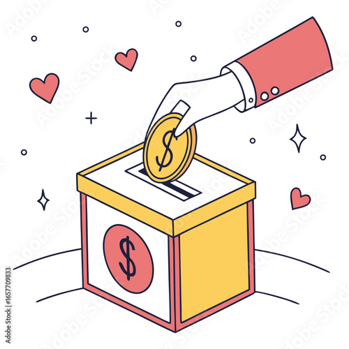 Hand dropping coin into donation box charity giving