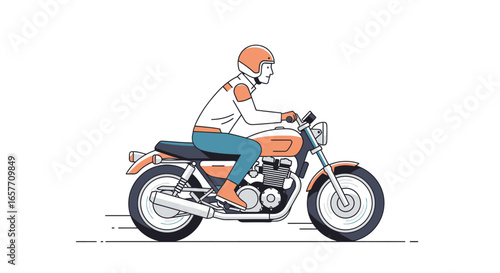 Retro motorcycle adventure illustration featuring a lone rider on a vintage motorcycle, ideal for travel and freedom concepts
