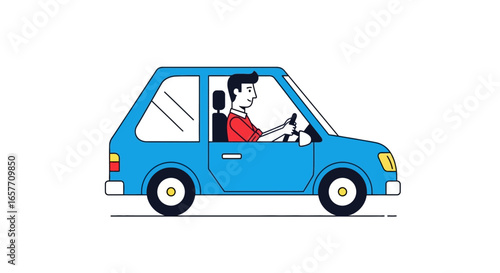 Cartoon style illustration showcasing a cheerful man driving a bright blue compact car on a white background