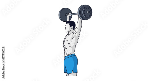 Man lifting barbell overhead, showcasing strength training in a fitness illustration for health and wellness content, fitness routine illustration
