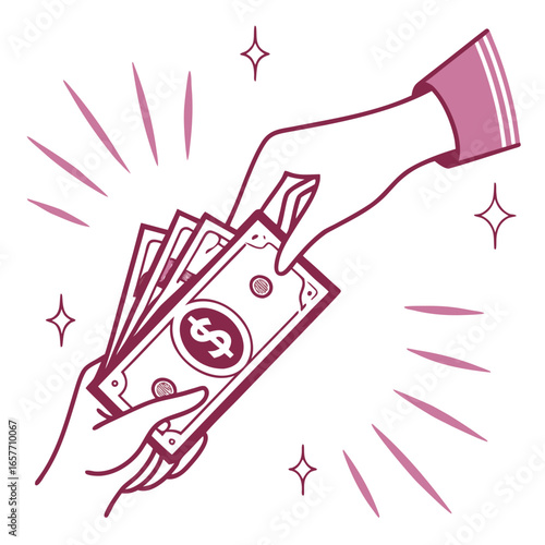 Hand giving money with sparkles cash receiving