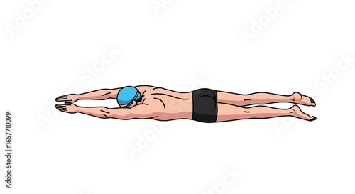 Depiction of a swimmer executing a streamlined position, poised for an accelerated push-off start and gliding efficiently in aquatic environments
