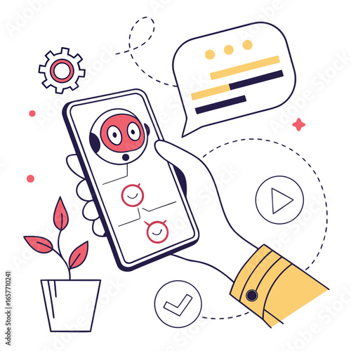 Hand holding phone with robot chat and plant message