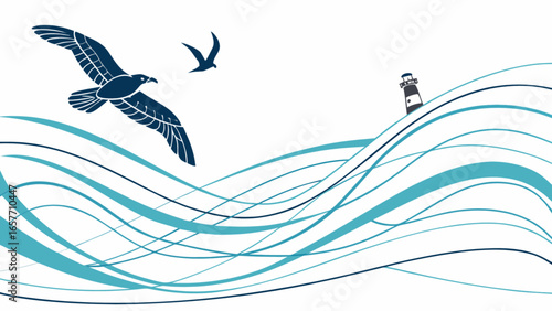 Seascape illustration with seagulls flying over ocean waves and a lighthouse in the distance vector graphic
