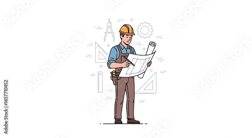 Architect analyzing blueprint wearing protective gear, surrounded with construction instruments for a design, build process visualization concept