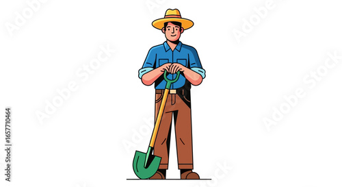 Stylized Farmer Holding Shovel Ready for Field Work Depicting Agricultural Illustration Portraying Rural Lifestyles with Classic Farming Attire and