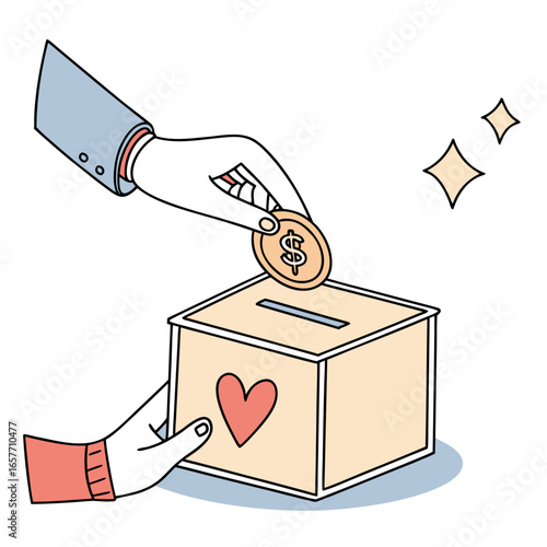 Hands donating coin to charity box with heart donation