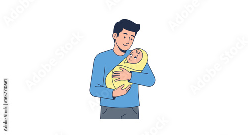 Proud Father Gazing at Newborn Child Swaddled in Yellow Blanket with Affectionate Expression, Captured in Charming Minimalist Style