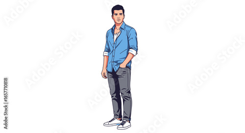 Stylized character illustration of a young man in casual attire standing confidently with a relaxed posture and a subtle air of effortless coolness