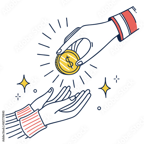 Hands exchanging golden coin with sparkles giving receiving