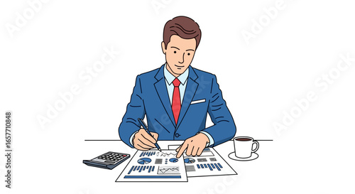 Analyst immersed in financial report review at his desk with coffee and calculator for accounting data processing tasks