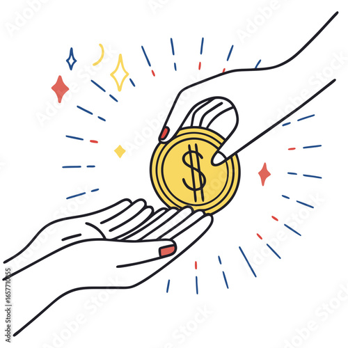 Hands exchanging golden dollar coin giving receiving