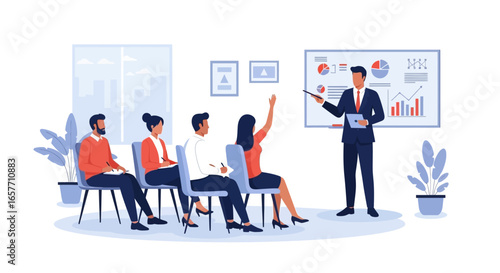 Engaging business presentation delivered to an attentive audience in an auditorium setting showcasing statistical graphs and charts