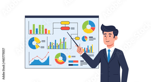 Animated corporate strategist presenting data analysis on interactive display panel