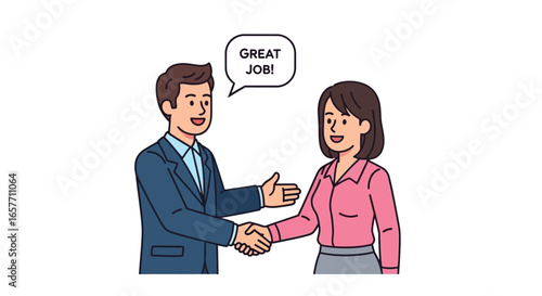 Professional recognition: Cartoon illustration of a successful handshake between colleagues expressing encouragement and gratitude
