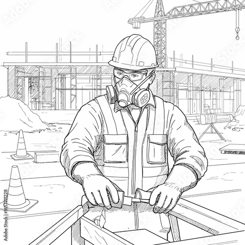 An illustration of a construction worker wearing personal protective equipment, including a respirator mask, while working safely on a busy building site.