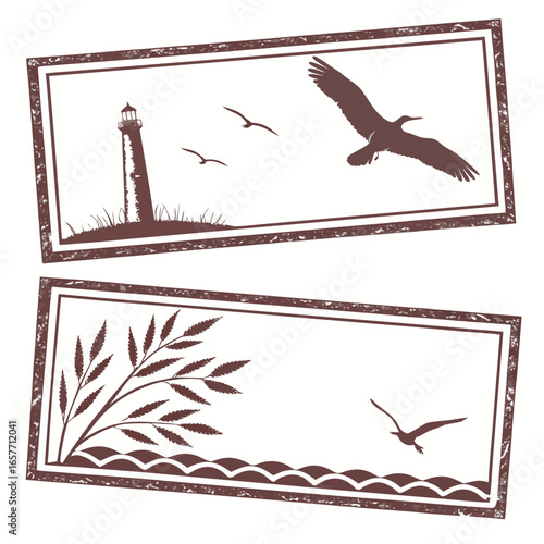 Lighthouse and seagull coastal scene stamps flying birds