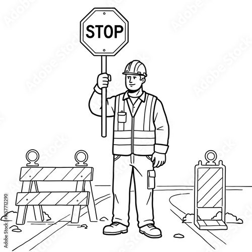 A dedicated construction worker in safety gear holds a stop sign, directing traffic at a road work site with barricades.
