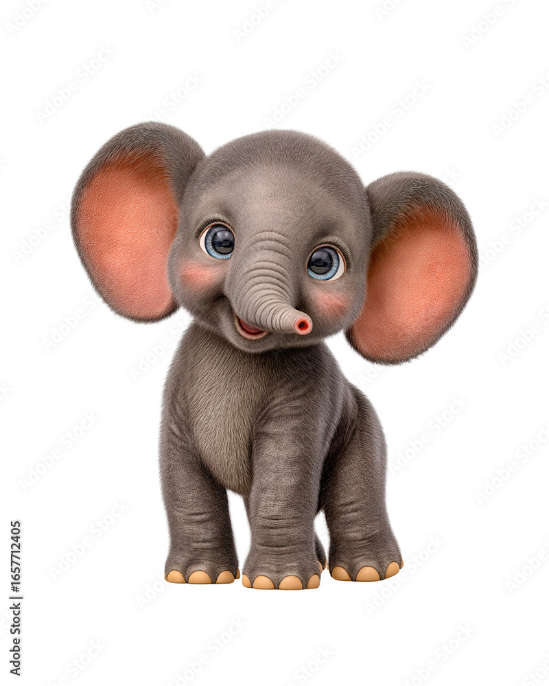Obraz premium Cutesy Elephant's Glee: A digitally rendered, adorable baby elephant exudes pure joy with wide eyes, its small trunk curled upwards, and ears spread wide. The scene evokes warmth and glee.