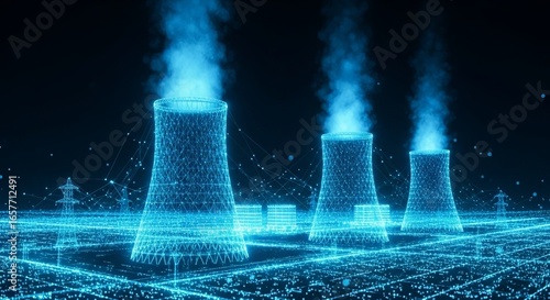 Three cooling towers emit smoke in a glowing blue digital city network at night, ethereal