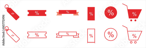 Discount and sale percentage icons set. Collection of red icons featuring percentage signs in tickets, speech bubbles, stars, and shopping symbols representing discounts and promotions.
